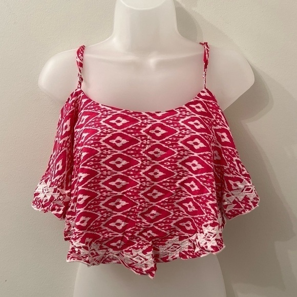 NWT Solaris Style Flowy Boho Pink And White Print Crop Top - Picture 1 of 9